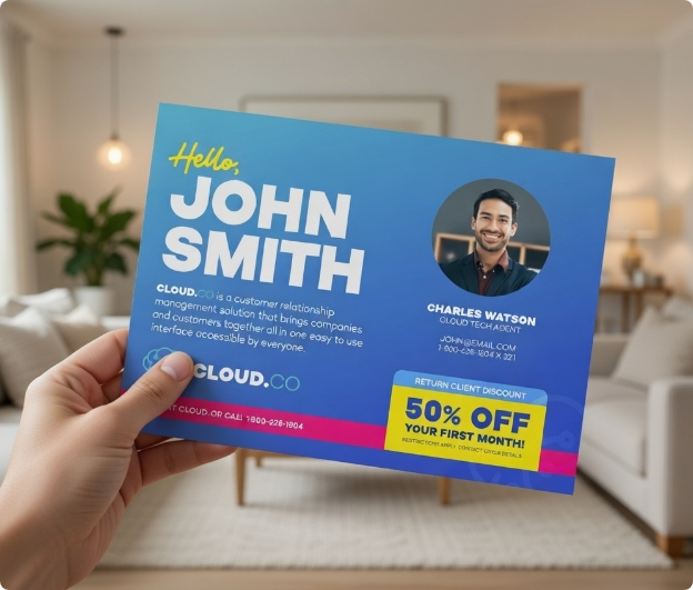 automated sales postcard mailer in hand